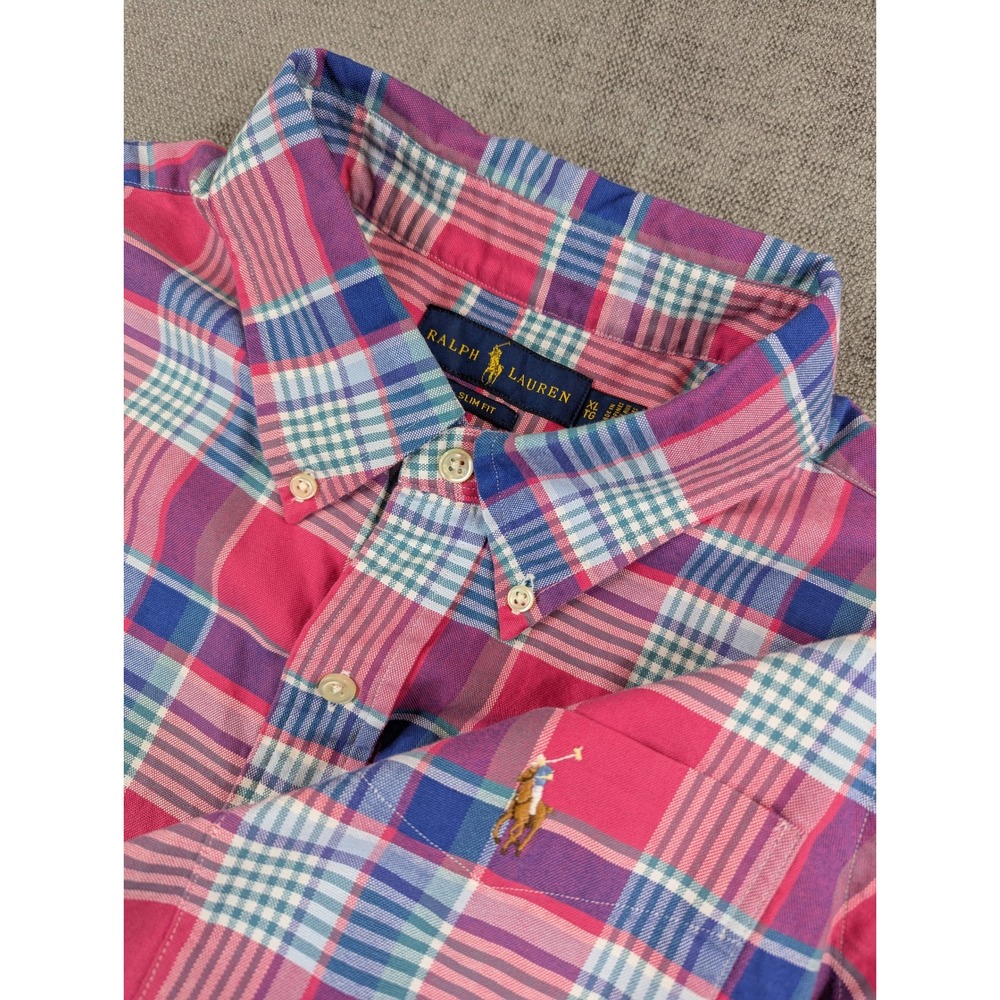 Polo Ralph Lauren Oxford Shirt Mens XL Pink Blue Plaid Slim Fit Flesh Pony Top